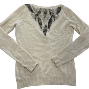 Coincidence & Chance Cardigan Women Medium Cream Beaded Sequin Angora Wool Blend